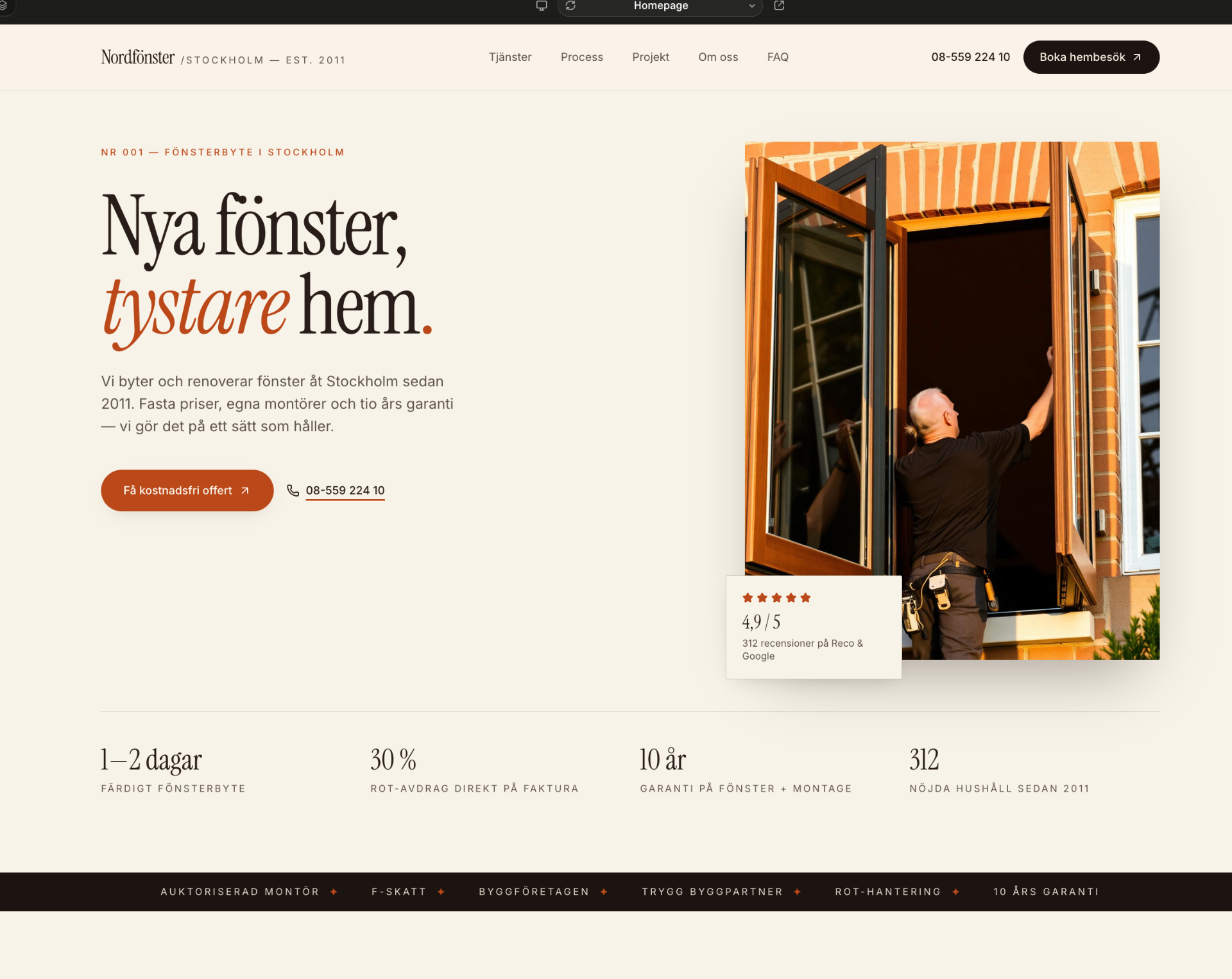 Exempel på hemsida vi byggt för Fönsterbytare, Stockholm