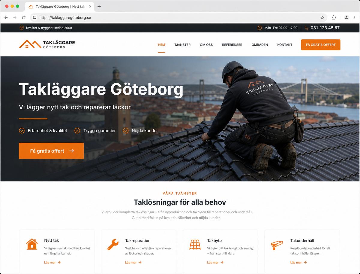 Exempel på hemsida vi byggt för Takläggare, Göteborg