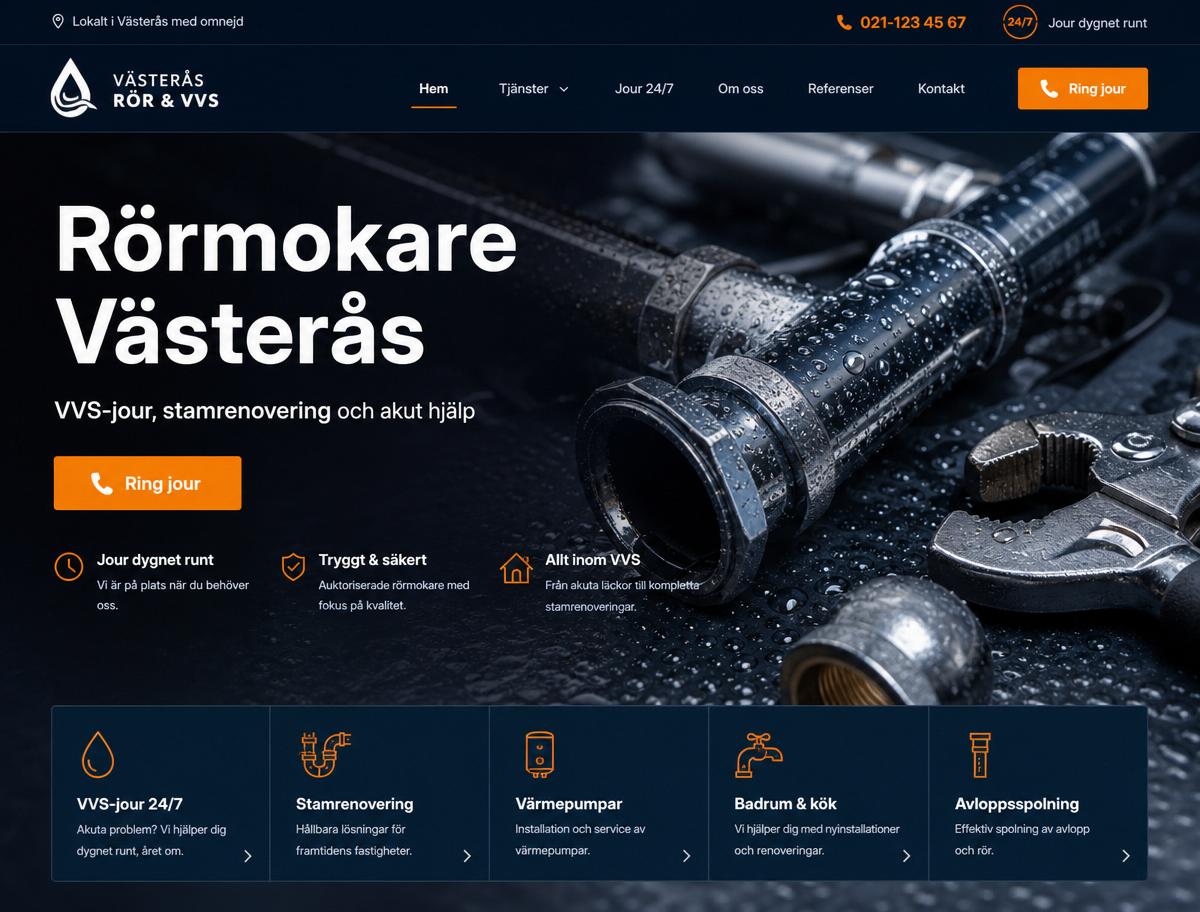 Exempel på hemsida vi byggt för Rörmokare, Västerås
