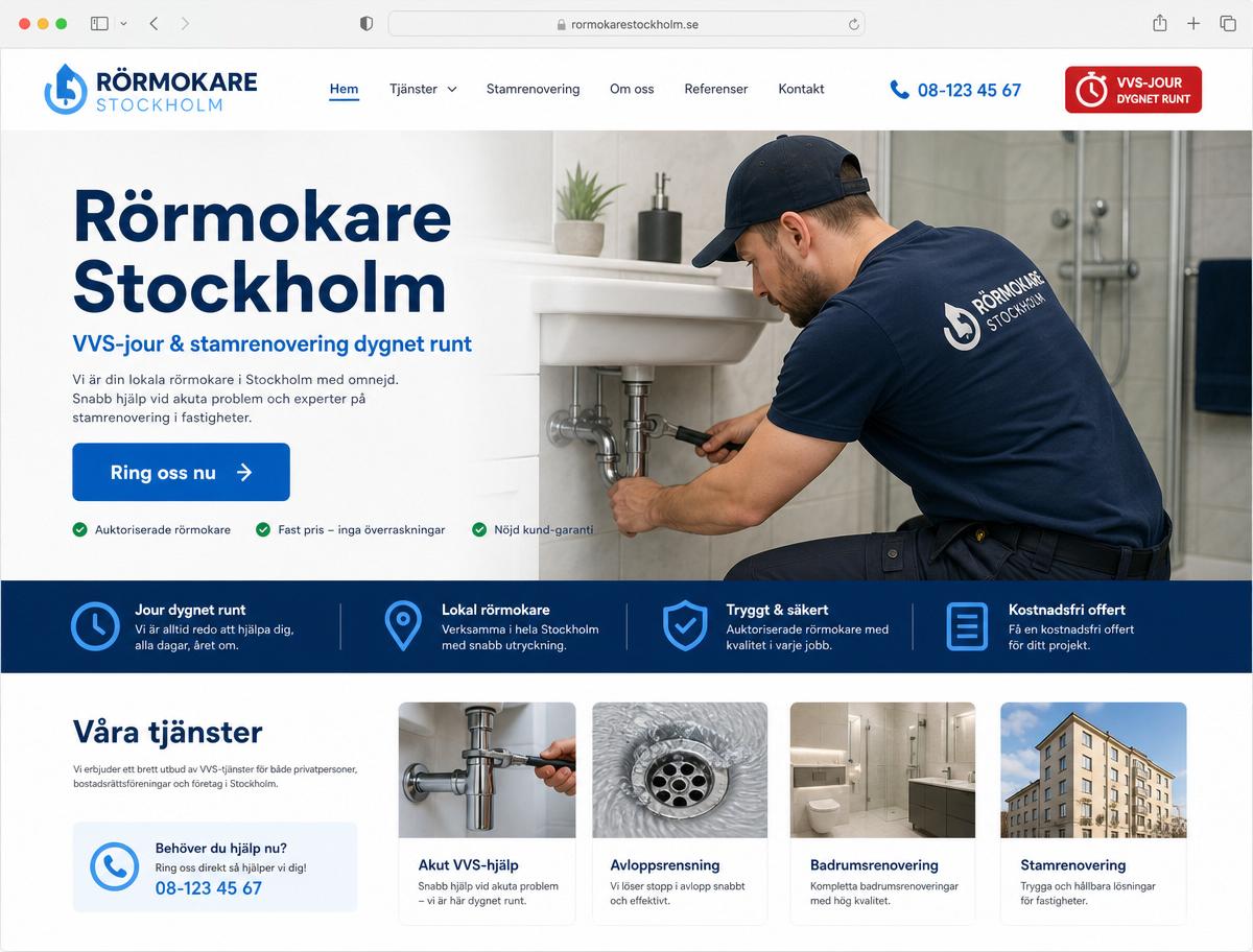 Exempel på hemsida vi byggt för VVS-firma, Stockholm